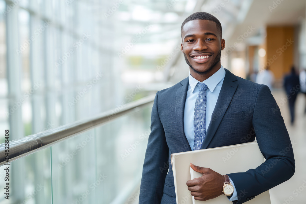 Smiling businessman holding documents is walking in office hallway Smiling businessman holding documents is walking in office hallway