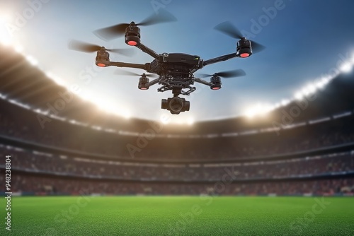 A drone with camera attached flying over a stadium, used to record and capture football match.