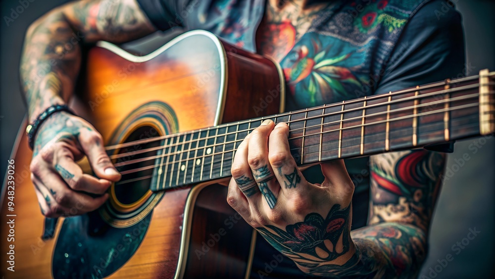 Obraz premium Closeup of the hands of a tattooed rock guitarist playing acoustic guitar