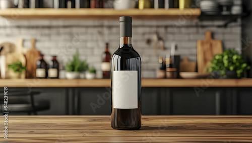 Elegant wine bottle on a wooden table in a modern kitchen, perfect for showcasing your favorite vintage or brand.
