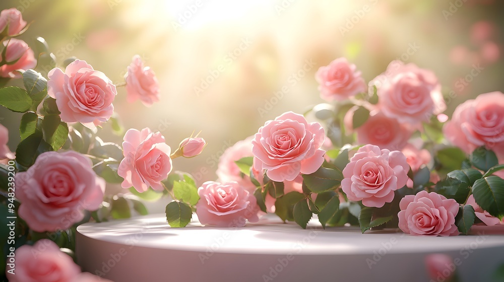 Bright sunlit scene with pink roses surrounding a circular platform, soft pastel background, dappled light and shadows, vibrant green leaves, romantic floral display. Bright sunlit scene with pink roses surrounding a circular platform, soft pastel background, dappled light and shadows, vibrant green leaves, romantic floral display.