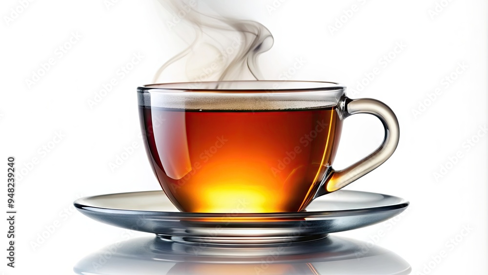 Steaming hot tea in a delicate glass cup, isolated on a clean white background, with a clear transparent handle and a subtle steam trail. Steaming hot tea in a delicate glass cup, isolated on a clean white background, with a clear transparent handle and a subtle steam trail.