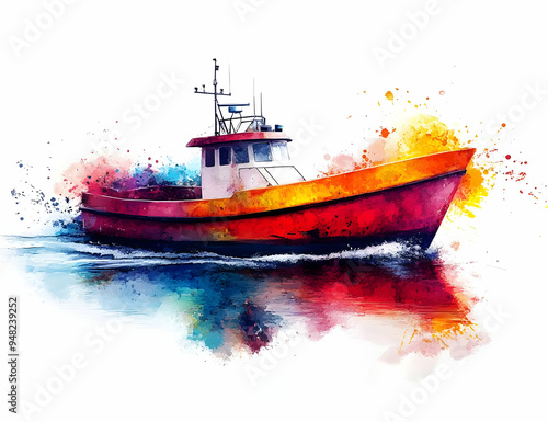 A vibrant watercolor painting of a fishing boat gliding through colorful waters, showcasing artistic splashes and reflections.