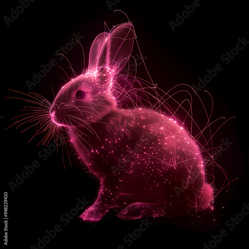 A pink glow rabbit silhouette in a nightscape, bold outline, energy-charged luminous pointillism, wireframe, tenebrism mastery style, UHD 8k, Unreal Engine 5 on black background