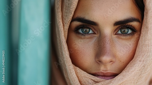 Close-up of a woman with piercing eyes, her face mostly concealed by a light brown scarf, focusing on her eyes and eyebrow details with a background in teal color.