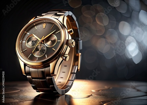 Sophisticated luxury watch banner featuring a sleek dark background, elegant gold accents, and a refined timepiece, perfect for promoting high-end brands and sophistication. photo