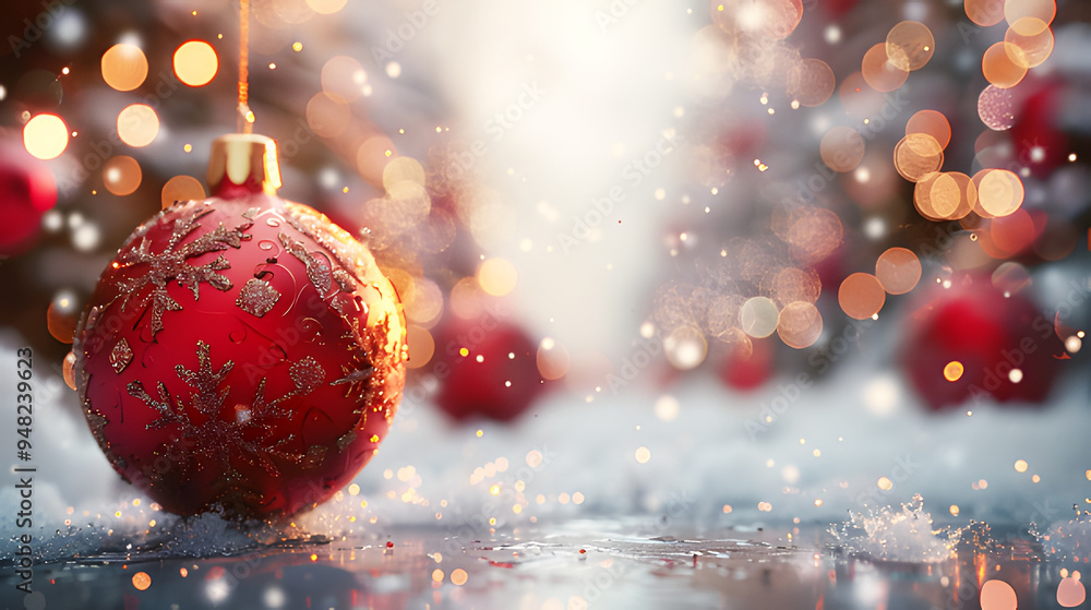 Christmas tree and red balls on light orange sunlight in morning with falling snow is blurred background. Merry Christmas greeting gift card. Santa Claus being symbol of Christmas time. Christmas tree and red balls on light orange sunlight in morning with falling snow is blurred background. Merry Christmas greeting gift card. Santa Claus being symbol of Christmas time.