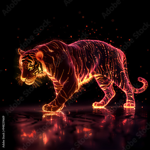 A pink gold glow tiger silhouette in a nightscape, bold outline, energy-charged luminous pointillism, wireframe, tenebrism mastery style, UHD 8k, Unreal Engine 5 on black background