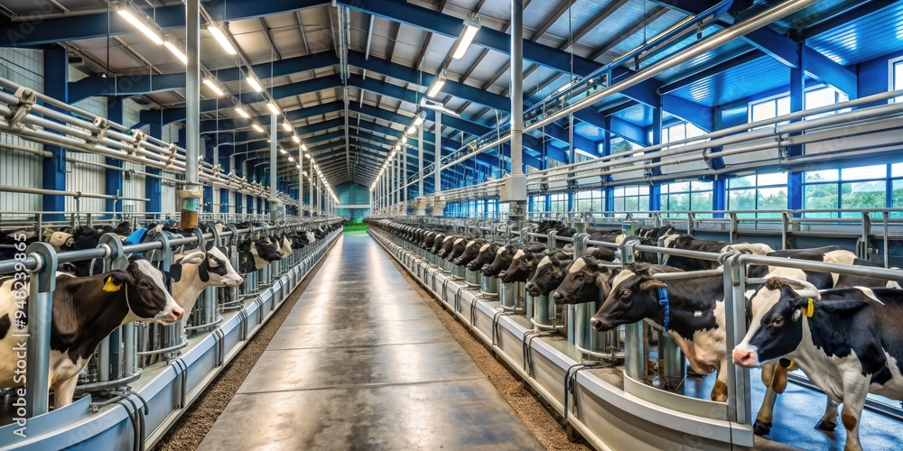 Fototapeta premium Robotics and automation systems integrated into a modern dairy farm, showcasing advanced technology for efficient livestock monitoring, feeding, and milking operations.