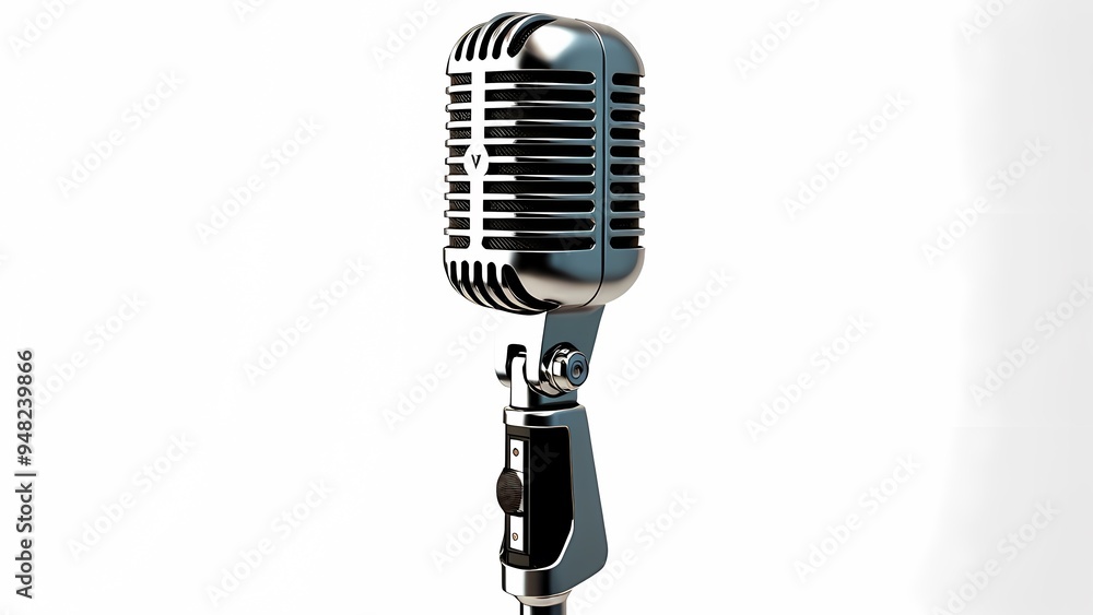 Fototapeta premium 950s-Style Microphone with Chrome Grille and Stand on White Background