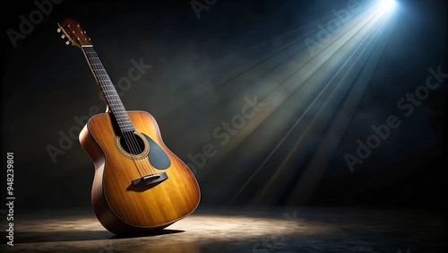 acoustic guitar on stage with dark light and spotlight