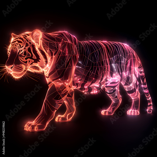 A pink gold glow tiger silhouette in a nightscape, bold outline, energy-charged luminous pointillism, wireframe, tenebrism mastery style, UHD 8k, Unreal Engine 5 on black background