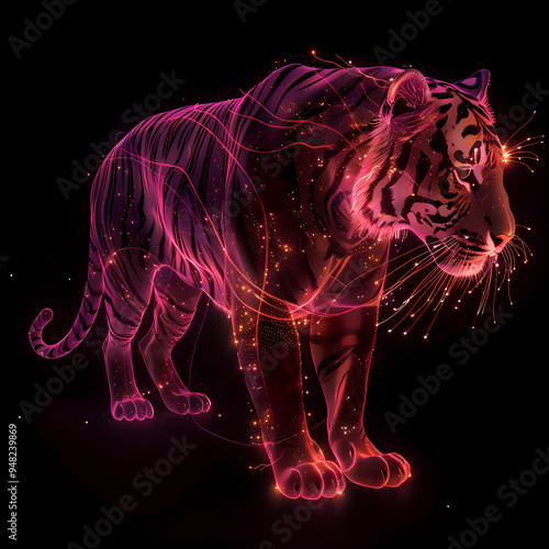 A pink gold glow tiger silhouette in a nightscape, bold outline, energy-charged luminous pointillism, wireframe, tenebrism mastery style, UHD 8k, Unreal Engine 5 on black background