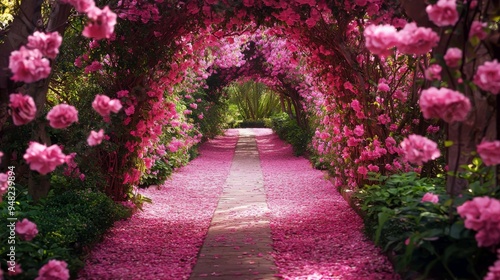 A vivid pink garden path surrounded by pink flowers on either side, harmonizing the color throughout photo