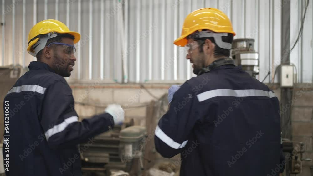 Blue collar workers at machine shop work with coworker. Blue collar workers at machine shop work with coworker.