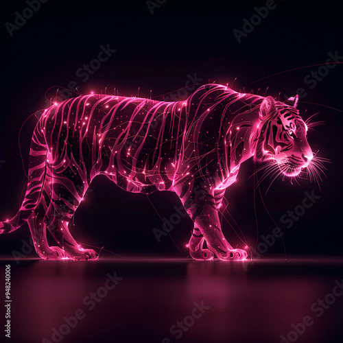 A pink gold glow tiger silhouette in a nightscape, bold outline, energy-charged luminous pointillism, wireframe, tenebrism mastery style, UHD 8k, Unreal Engine 5 on black background