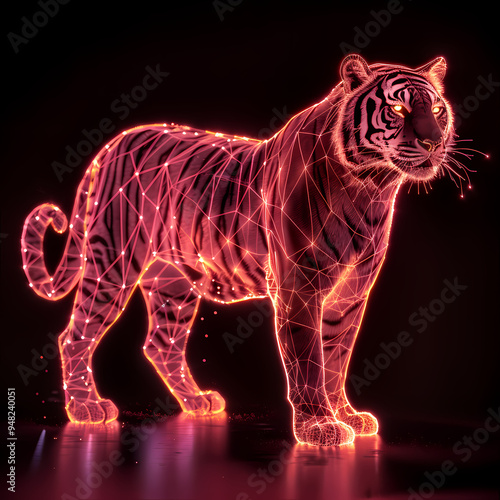 A pink gold glow tiger silhouette in a nightscape, bold outline, energy-charged luminous pointillism, wireframe, tenebrism mastery style, UHD 8k, Unreal Engine 5 on black background