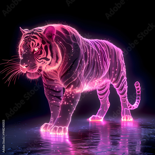 A pink gold glow tiger silhouette in a nightscape, bold outline, energy-charged luminous pointillism, wireframe, tenebrism mastery style, UHD 8k, Unreal Engine 5 on black background