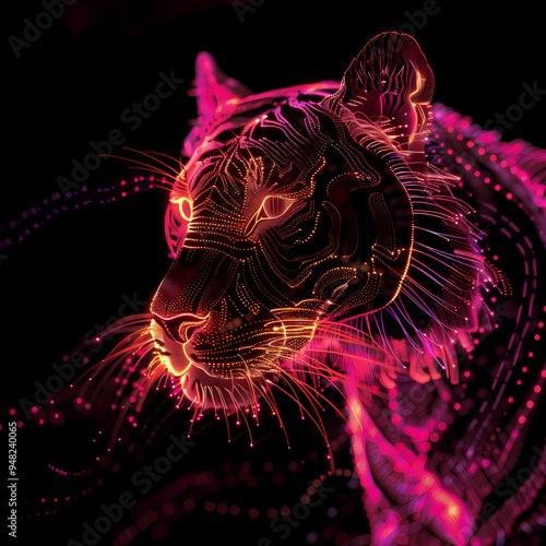 A pink gold glow tiger silhouette in a nightscape, bold outline, energy-charged luminous pointillism, wireframe, tenebrism mastery style, UHD 8k, Unreal Engine 5 on black background