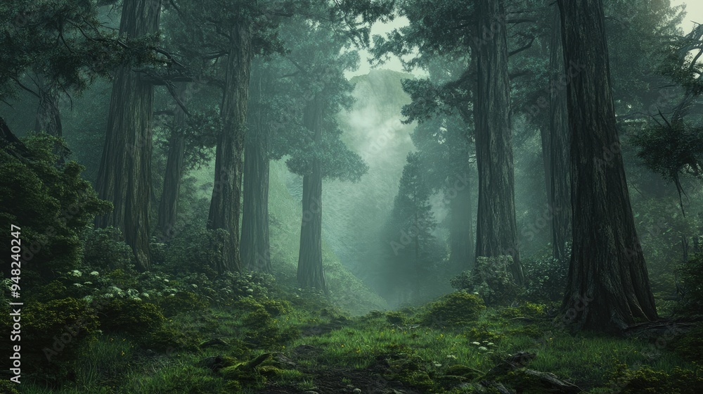 Fog blankets an ancient forest, creating a mystical and serene atmosphere in a landscape filled with towering trees. Fog blankets an ancient forest, creating a mystical and serene atmosphere in a landscape filled with towering trees.