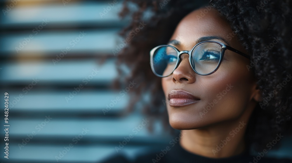 A woman with dark curly hair and glasses, outdoors, looking to the side with a composed expression, capturing a moment of serene contemplation against a blurred backdrop. A woman with dark curly hair and glasses, outdoors, looking to the side with a composed expression, capturing a moment of serene contemplation against a blurred backdrop.