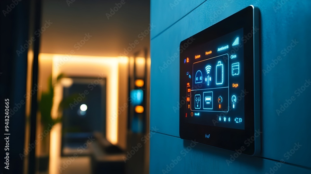 Photograph of a modern smart home control panel displaying the statuses and information of various IoT devices integrated within a connected home system Photograph of a modern smart home control panel displaying the statuses and information of various IoT devices integrated within a connected home system