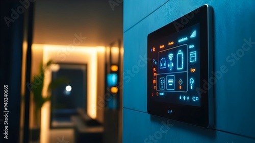 Photograph of a modern smart home control panel displaying the statuses and information of various IoT devices integrated within a connected home system