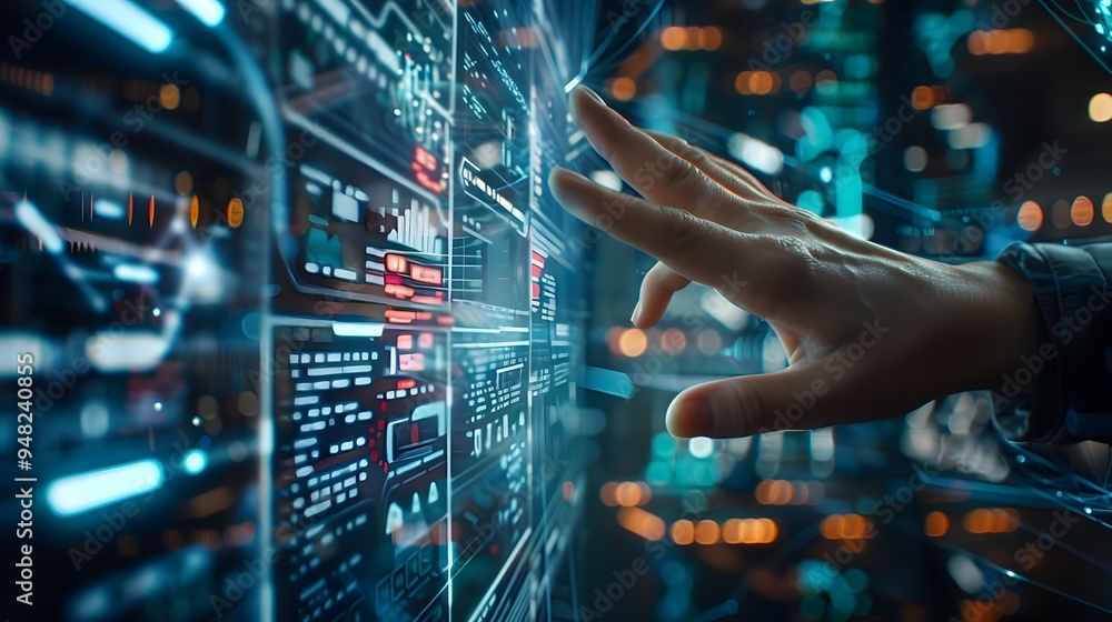 Obraz premium Developer s Hand Reaching Towards Futuristic Holographic Web Interface