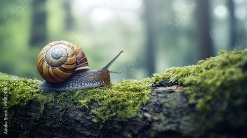 Close-up of a snail slowly crawling on a moss-covered tree branch, soft natural lighting, dew drops glistening, blurred forest background, earthy color palette.