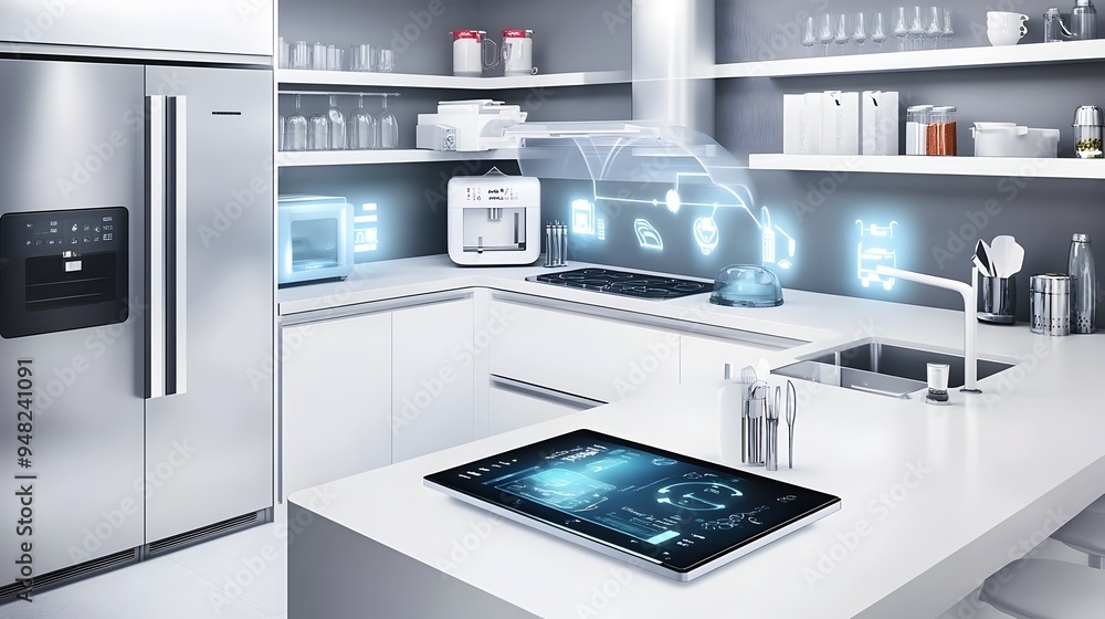 A photograph of a sleek and modern smart kitchen featuring a variety of IoT enabled appliances seamlessly integrated with a central control hub A photograph of a sleek and modern smart kitchen featuring a variety of IoT enabled appliances seamlessly integrated with a central control hub