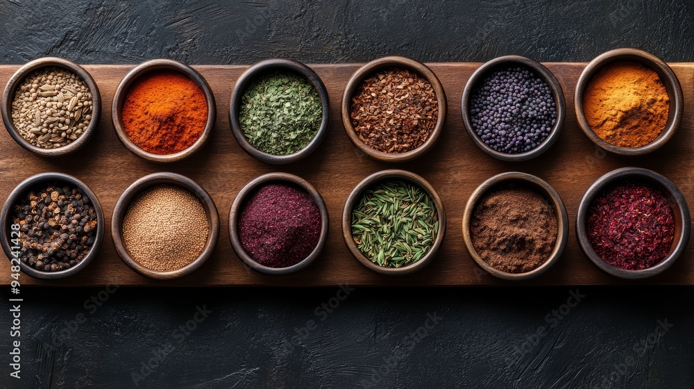 A vibrant collection of various spices arranged in bowls, showcasing rich colors and textures for culinary inspiration. A vibrant collection of various spices arranged in bowls, showcasing rich colors and textures for culinary inspiration.