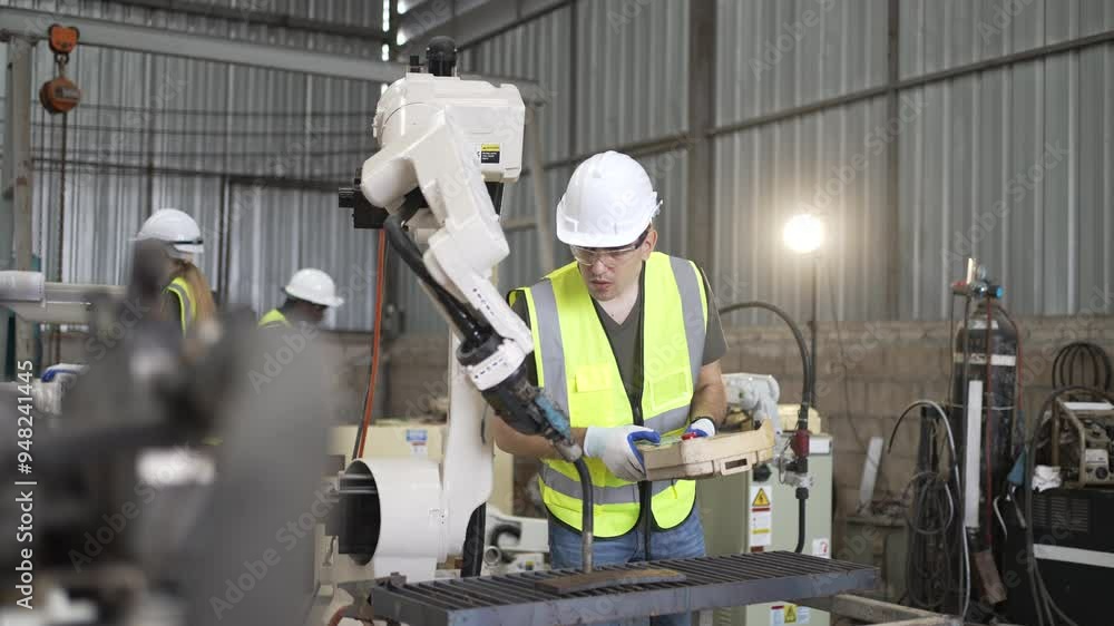 Blue collar workers at machine shop with welding robot arm. Factory and machinery. Blue collar workers at machine shop with welding robot arm. Factory and machinery.