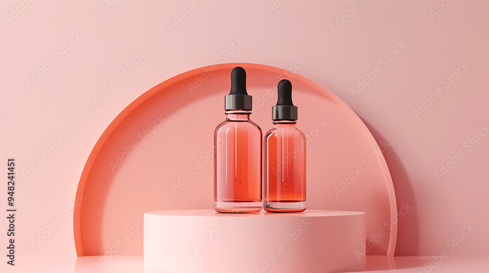 Two bottles of serum in amber glass with droppers stand on a pink platform against a pink background. Two bottles of serum in amber glass with droppers stand on a pink platform against a pink background.