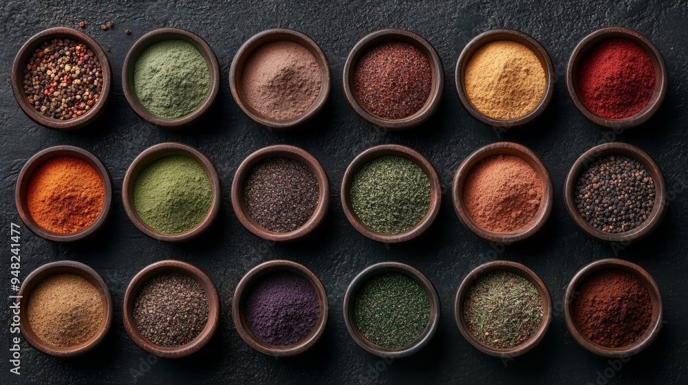 A vibrant collection of various spices arranged in clay bowls, showcasing rich colors and textures for culinary inspiration. A vibrant collection of various spices arranged in clay bowls, showcasing rich colors and textures for culinary inspiration.