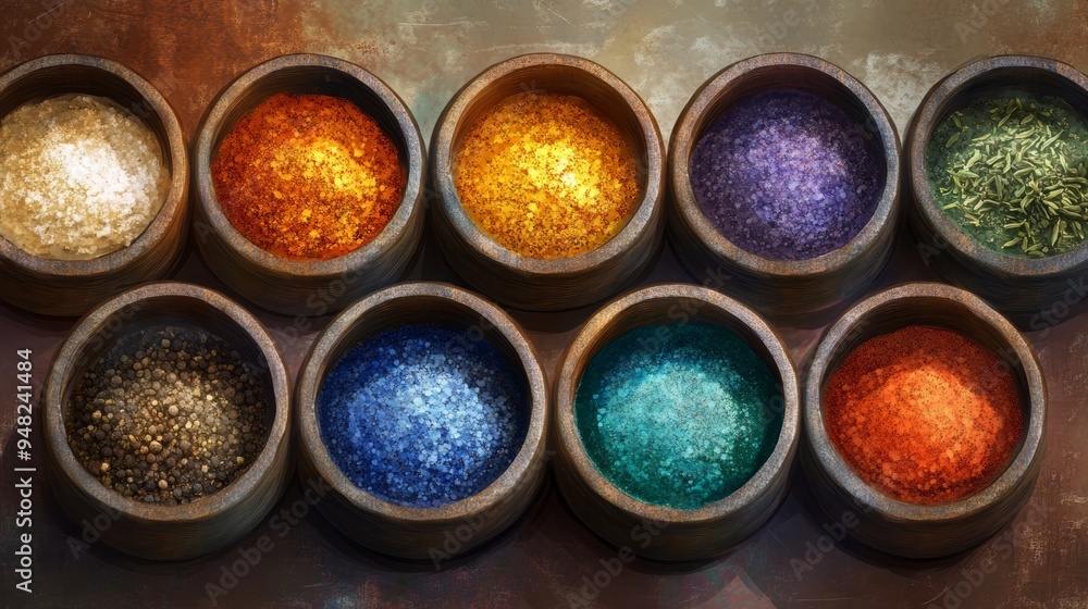 A vibrant display of colorful spices in bowls, perfect for culinary inspiration or food-related projects. A vibrant display of colorful spices in bowls, perfect for culinary inspiration or food-related projects.