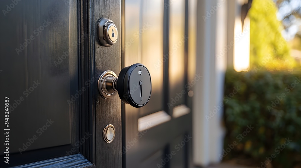 Photograph showcasing IoT enabled smart locks installed on a front door offering secure home automation and keyless access control through internet connected technology Photograph showcasing IoT enabled smart locks installed on a front door offering secure home automation and keyless access control through internet connected technology