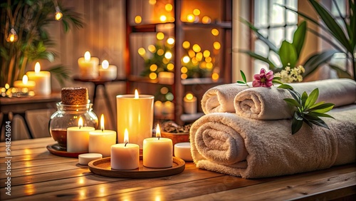 Serenely lit massage room with candles, essential oils, and plush towels, evoking relaxation and rejuvenation, perfect for spa and wellness marketing campaigns.