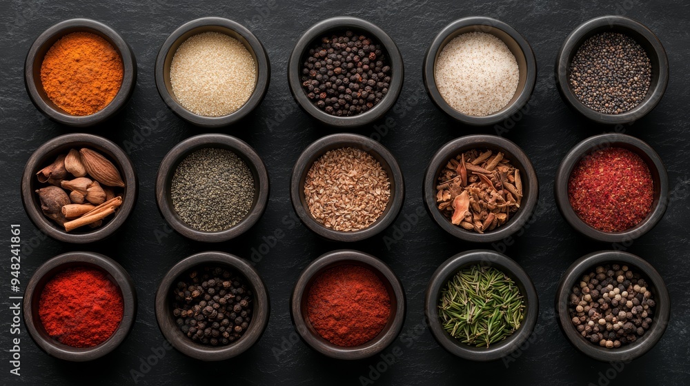 An assortment of vibrant spices in traditional bowls arranged neatly, showcasing a colorful palette perfect for culinary inspiration. An assortment of vibrant spices in traditional bowls arranged neatly, showcasing a colorful palette perfect for culinary inspiration.