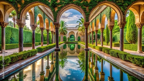 Perfectly aligned archways reflect each other in a stunning display of architectural symmetry, surrounded by lush greenery and a serene water feature in the background. photo