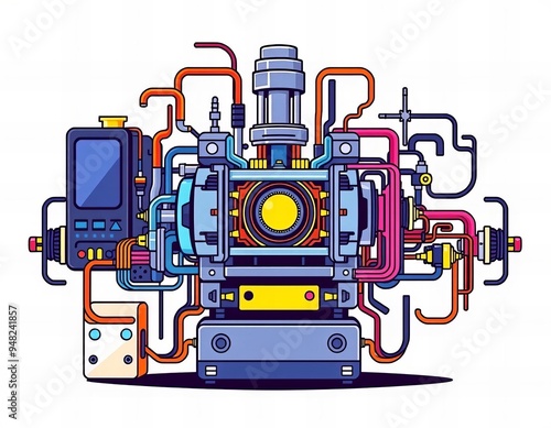 a cartoon of a machine with pipes and a monitor. photo