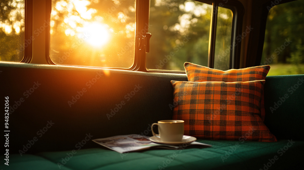 A cup of coffee is sitting on a table next to a book. The sun is shining through the window, creating a warm and cozy atmosphere A cup of coffee is sitting on a table next to a book. The sun is shining through the window, creating a warm and cozy atmosphere