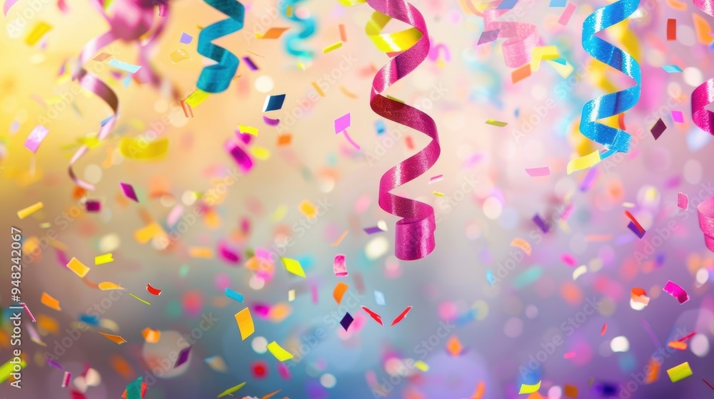 Obraz premium Bright and colorful confetti and streamers float in the air, creating a festive and joyful celebration atmosphere.