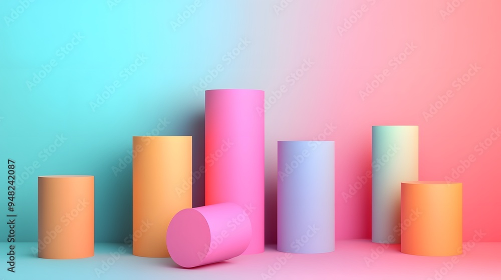 Colorful abstract geometric shapes, pastel-hued cylinders, cubes, and rolls, soft gradient background in vibrant rainbow colors, minimalist composition, clean lines. Colorful abstract geometric shapes, pastel-hued cylinders, cubes, and rolls, soft gradient background in vibrant rainbow colors, minimalist composition, clean lines.