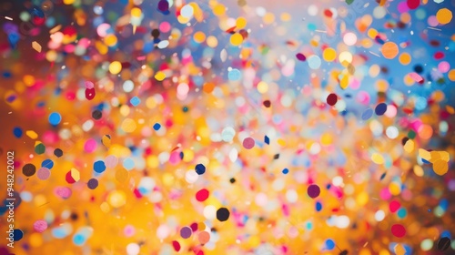 A vibrant shower of colorful confetti falling against a golden background, creating a festive and celebratory atmosphere.