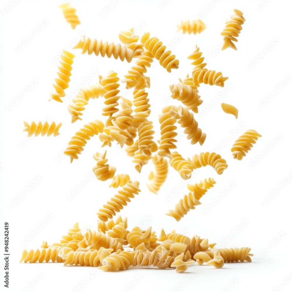 Close up of Falling raw Fusilli, Rotini, uncooked Italian Pasta, isolated on white background Close up of Falling raw Fusilli, Rotini, uncooked Italian Pasta, isolated on white background