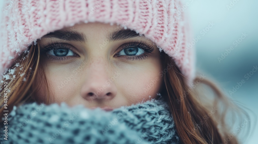 A close-up portrait of a woman with striking blue eyes wearing warm winter attire, including a pink beanie and thick grey scarf, with snowflakes in the background. A close-up portrait of a woman with striking blue eyes wearing warm winter attire, including a pink beanie and thick grey scarf, with snowflakes in the background.