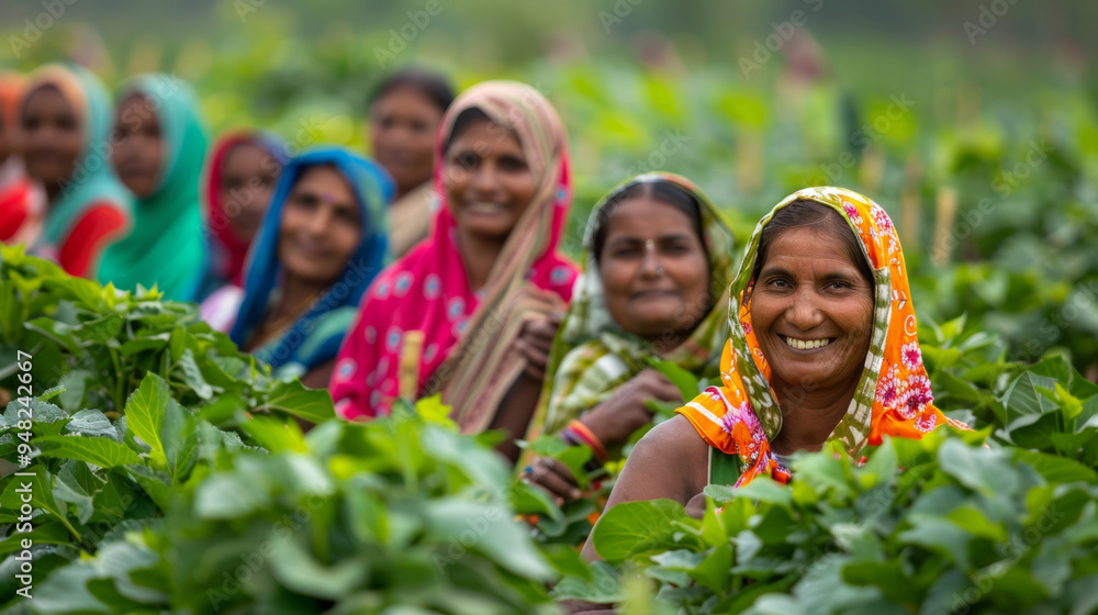 Rural women work together in a field, smiling and looking happy Rural women work together in a field, smiling and looking happy