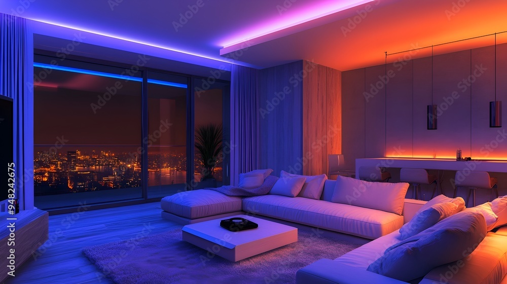 Photograph of a smart lighting system automatically adjusting and optimizing illumination levels in a modern living room interior Photograph of a smart lighting system automatically adjusting and optimizing illumination levels in a modern living room interior