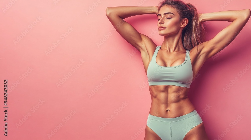 Obraz premium Toned Physique: Isolated Six-Pack Abs of Young Woman on Pastel Pink Background with Soft Lighting