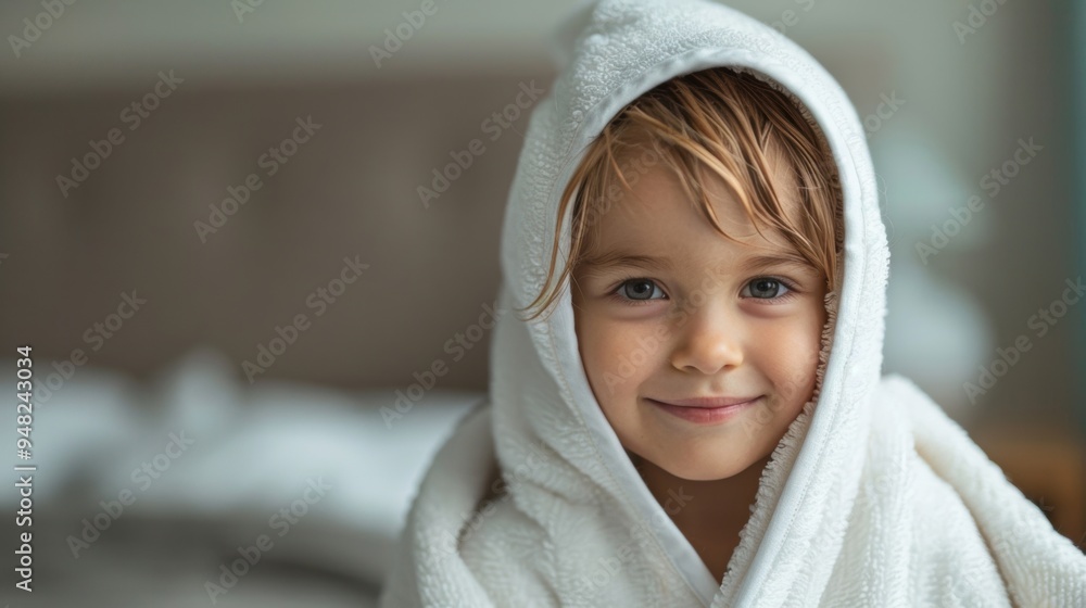 A smiling child wrapped in a white towel, showcasing warmth and comfort after a bath, with a cozy and serene atmosphere. A smiling child wrapped in a white towel, showcasing warmth and comfort after a bath, with a cozy and serene atmosphere.